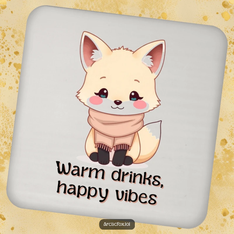 Funny kawaii arctic fox wearing a tiny cozy scarf and smiling, illustrated on a protective drink coaster.