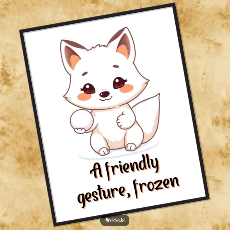 Funny Arctic fox poster, showing a friendly fox offering a snowball with a beaming smile, perfect wall decor.