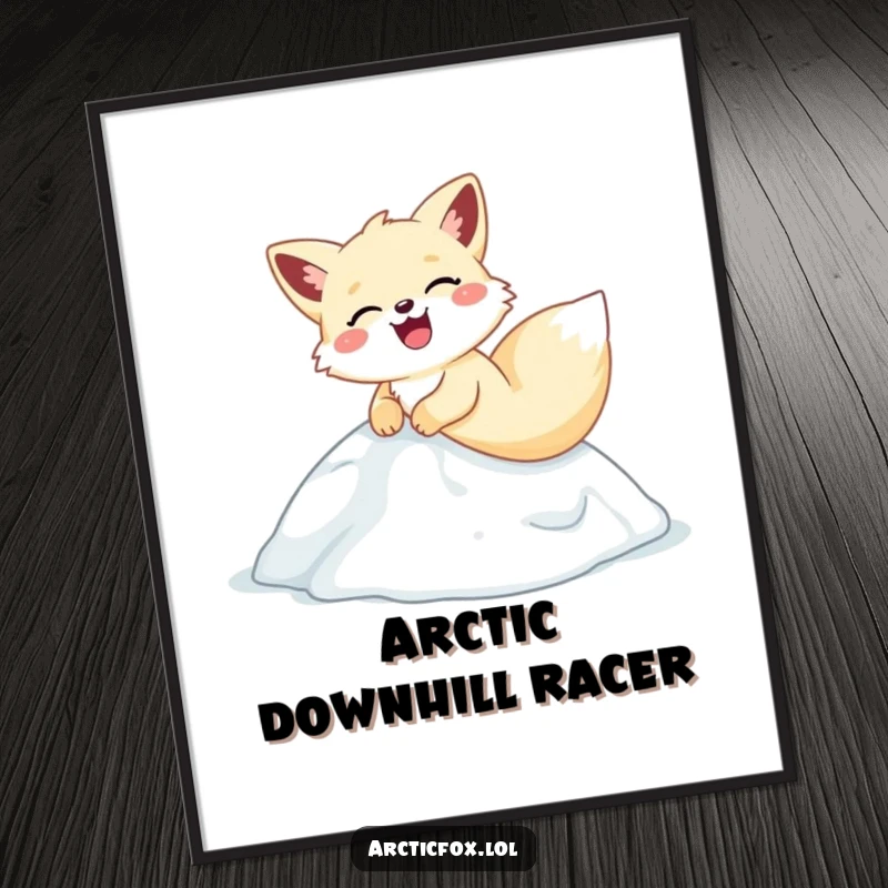 Funny arctic fox poster, artfully capturing a hilarious slide and laugh down an icy hill, bringing winter cheer.