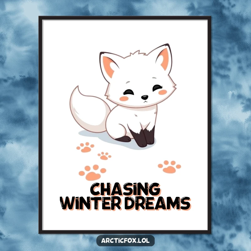 Funny cute Arctic fox poster, depicting playful paw prints in the snow, adding a touch of winter charm and whimsical art.