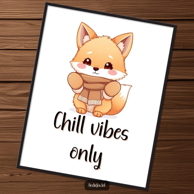 Funny Fluffy Fox Poster displaying a cute fox character wearing cozy mittens and a scarf, perfect for adding cozy winter decor.