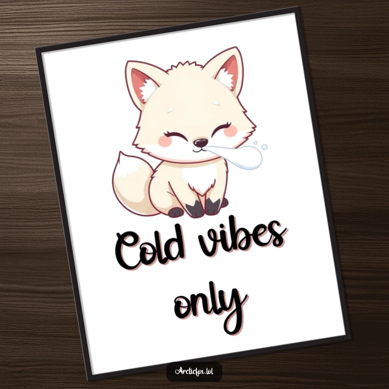 Funny Kawaii Arctic Fox Poster depicting frosty breath forming a small mist puff, ideal for humorous wall decor.