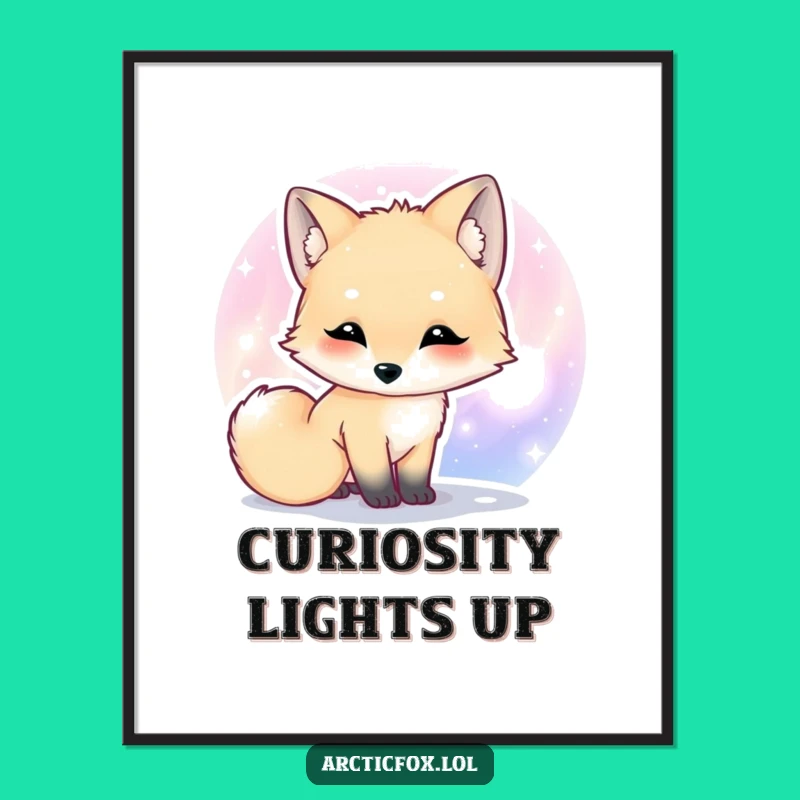 Funny Kawaii Arctic Fox Aurora Poster, Whimsical Animal Art Gift