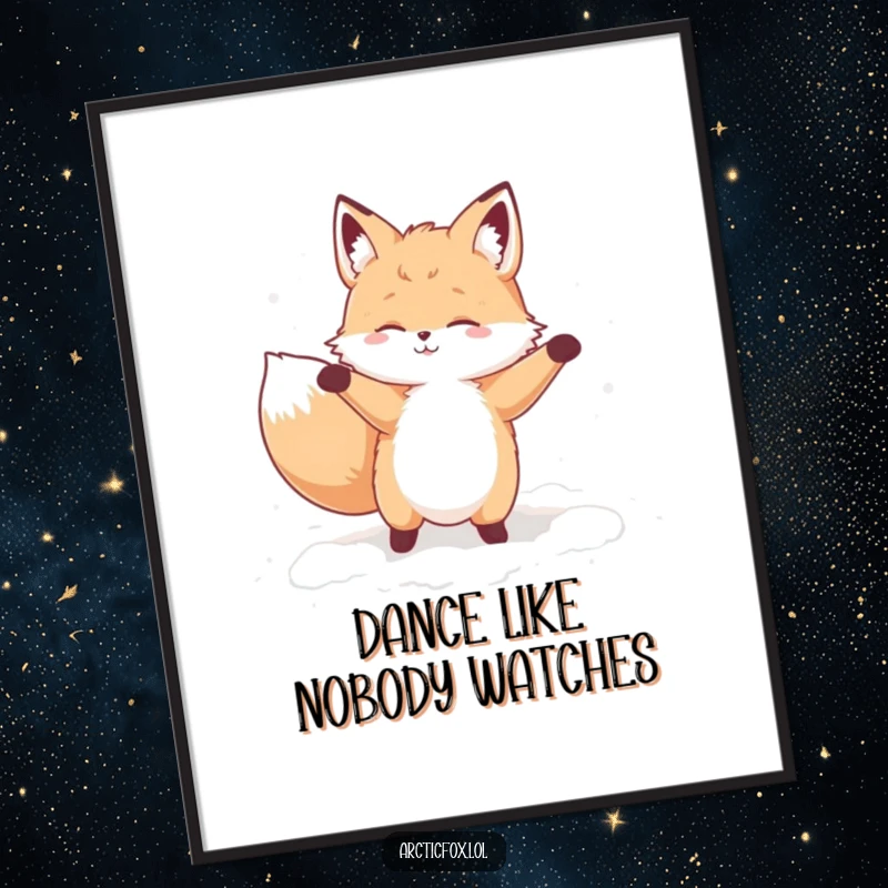 Funny poster art of a fluffy fox character performing a comical, joyful dance in a generous pile of soft snow.