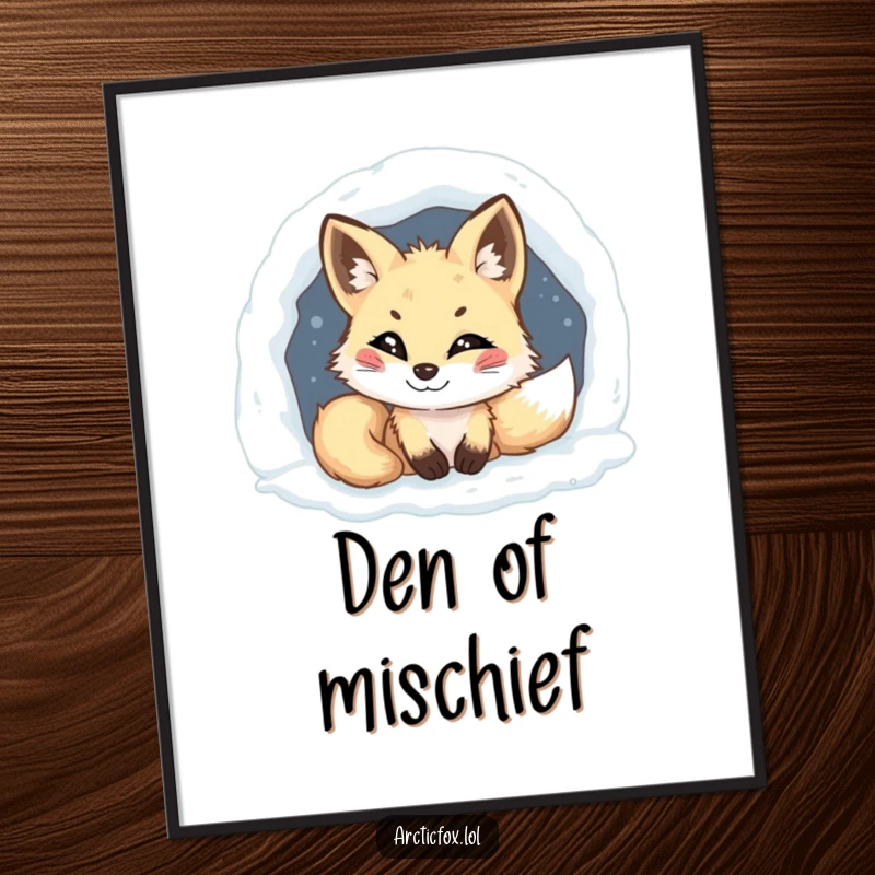 Funny Arctic fox poster, mischievous grin, peeking from snowy den, humorous wall art, perfect for adding a witty touch.