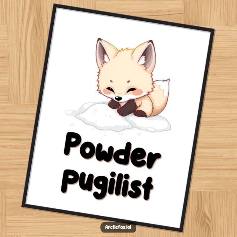 Funny adorable arctic fox poster, artfully depicting playful digging in fluffy white powder, bringing cute winter vibes.