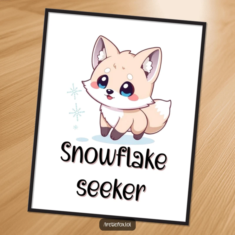 Funny Arctic Fox Poster: An excited Arctic fox with big eyes playfully chases a single snowflake across a snowy landscape.