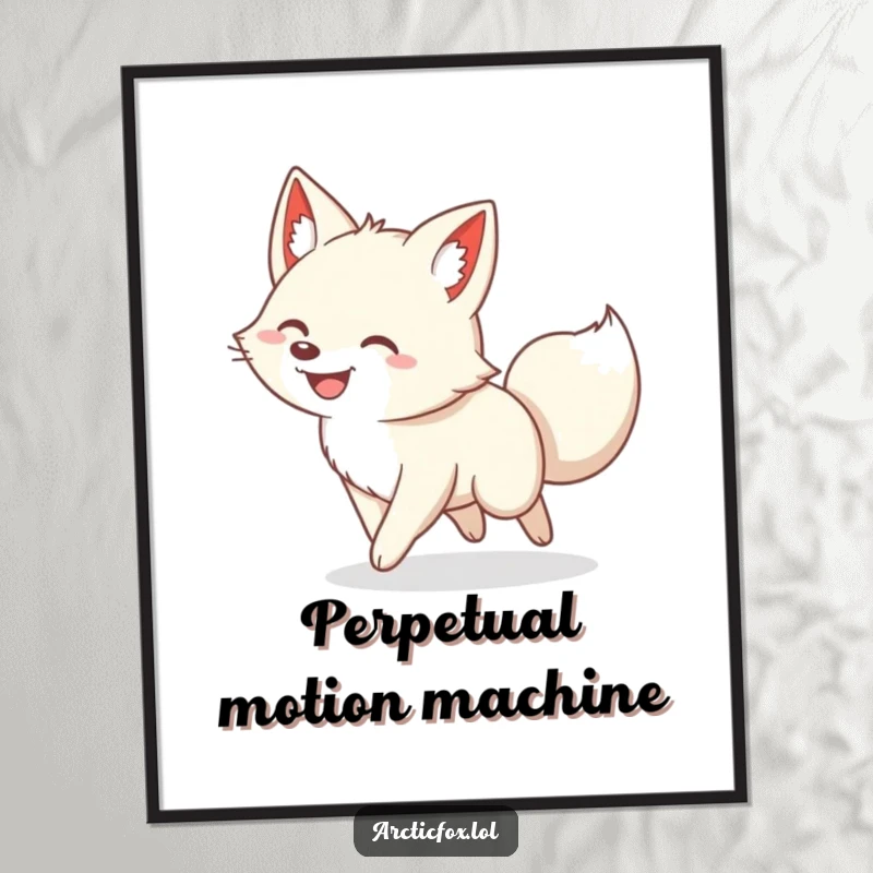 Funny poster of a joyful arctic fox with a huge grin, comically chasing its own tail in a dizzying, happy spin.