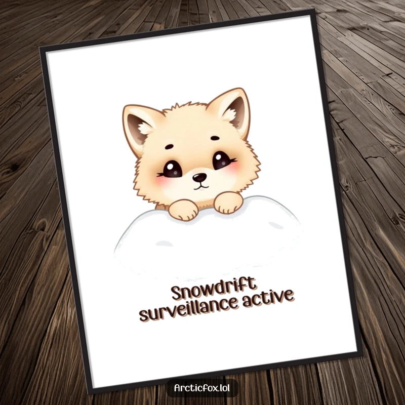 Funny poster featuring a chubby Arctic fox peeking curiously out of a fluffy snowdrift, capturing a moment of innocent wonder.