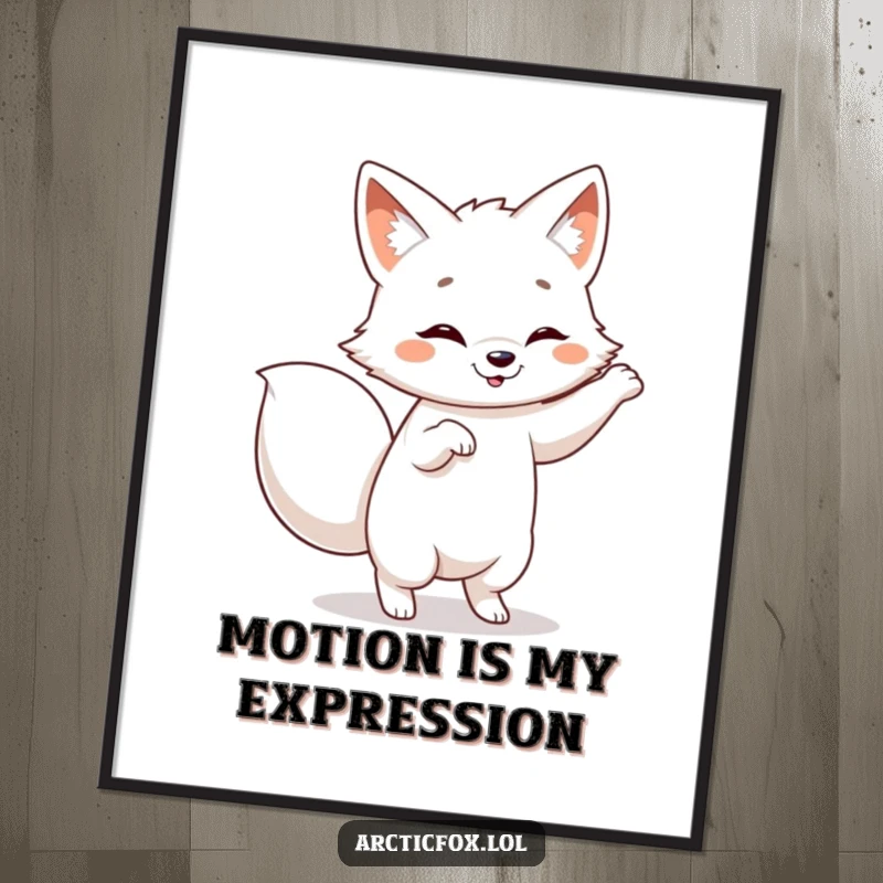 Funny Arctic fox poster, illustrating a joyful animal dancing with a happily wagging tail, bringing energy to walls.