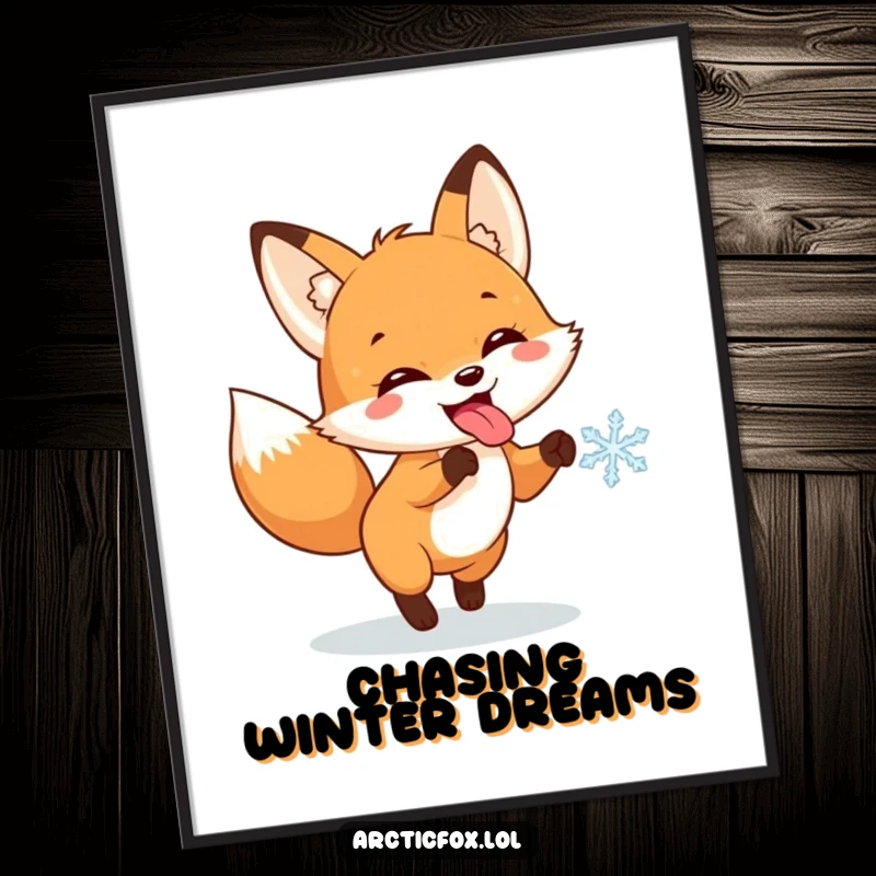 Funny poster capturing a fox character comically sticking its tongue out while joyfully chasing a snowflake in a winter setting.