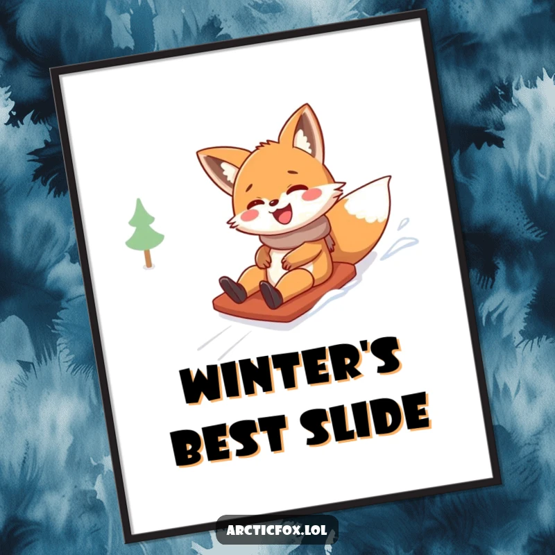 Funny poster art of a fox character giggling hysterically while sliding rapidly down a bright, snowy hill.