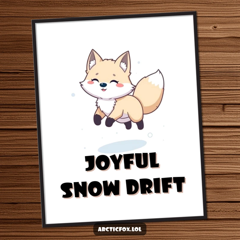 Funny happy arctic fox in a dynamic leap through the snow, presented as joyful wall art.