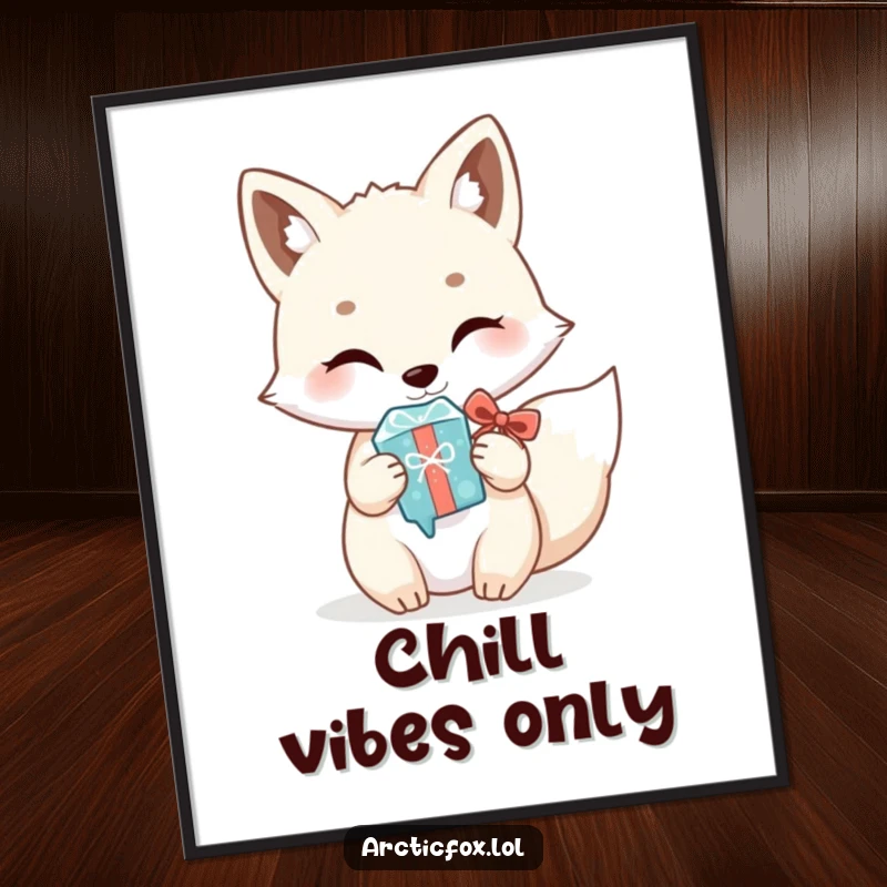 Funny Kawaii Arctic Fox Poster: Vibrant wall art of a cute white fox humorously offering a shiny icicle as a thoughtful gift.