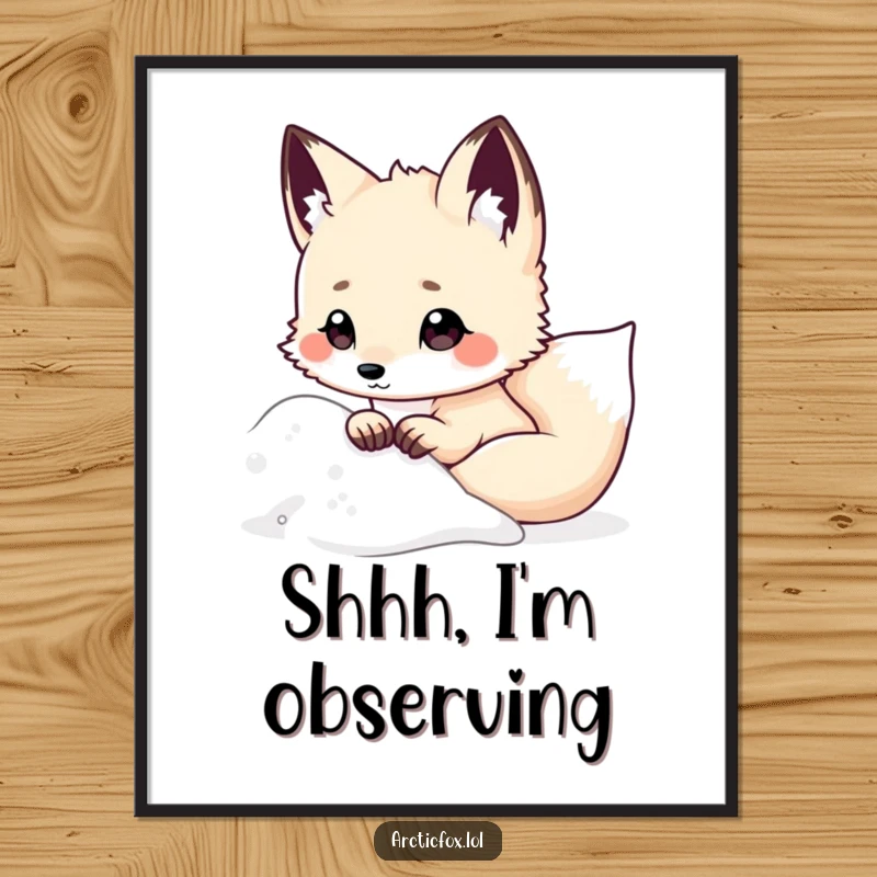 Funny Kawaii Arctic Fox Poster, peeking from snowy drift, ears perked, cute wall art, humorous arctic animal illustration, perfect funny gift