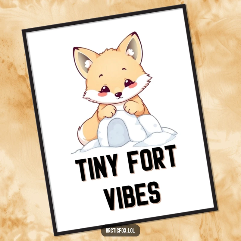 Funny kawaii arctic fox diligently building a small snow fort with its paws, featured as cute wall art.