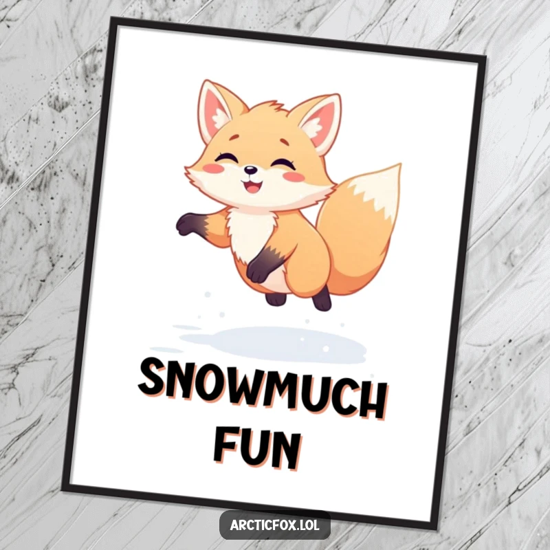 Funny Kawaii Arctic Fox Poster: Vibrant wall art of a cute white fox joyfully jumping high in fresh snow, a comical scene of winter delight.