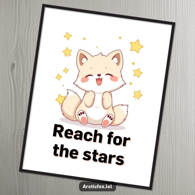 Funny Kawaii arctic fox gleefully catching falling stars, humorous wall art poster.