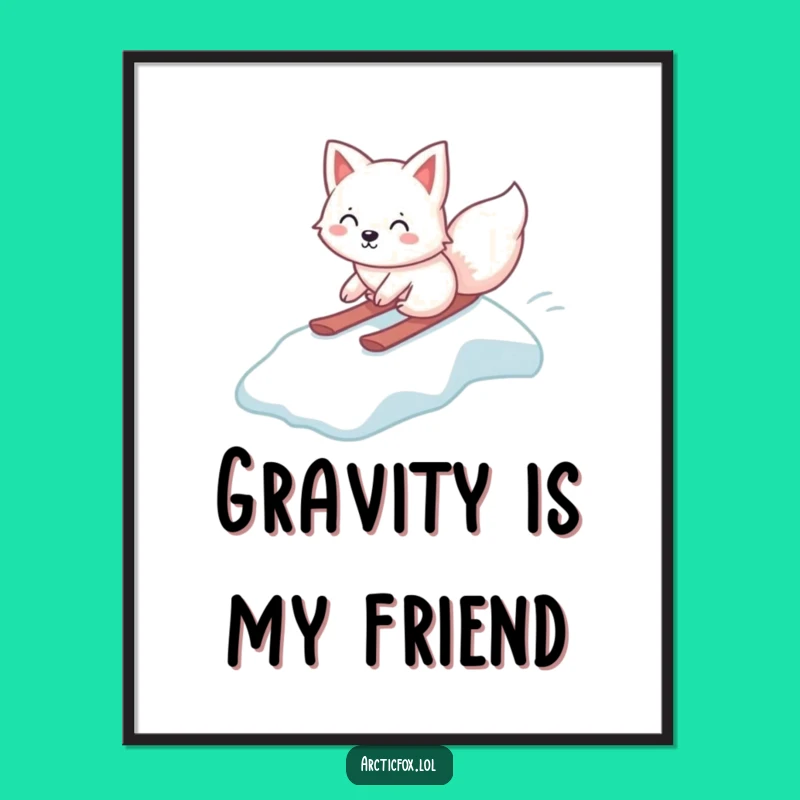 Funny Kawaii Arctic Fox Poster, Ice Slide Art, Whimsical Humorous Wall Decor
