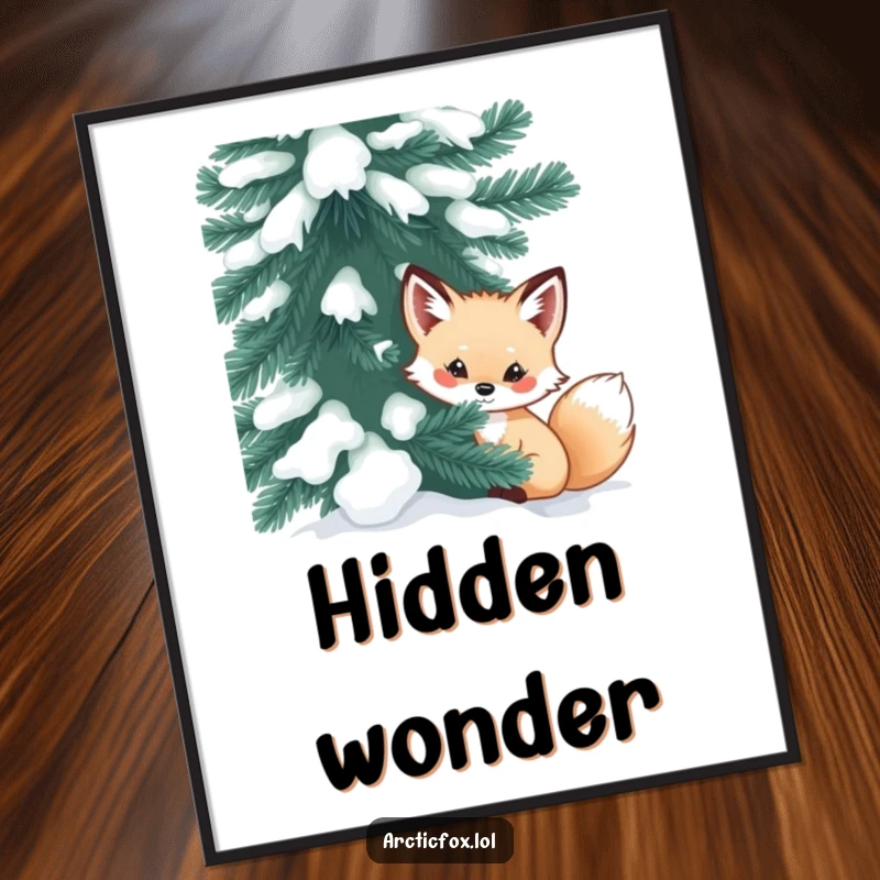 Funny arctic fox poster showing a curious creature peeking from behind a snow-dusted evergreen, conveying playful winter mystery.