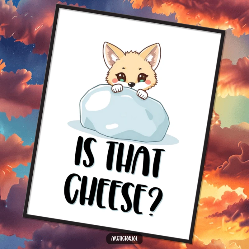 Funny Poster: An arctic fox with wide, curious eyes peeks from behind an icy boulder, creating a humorous and engaging piece of art.