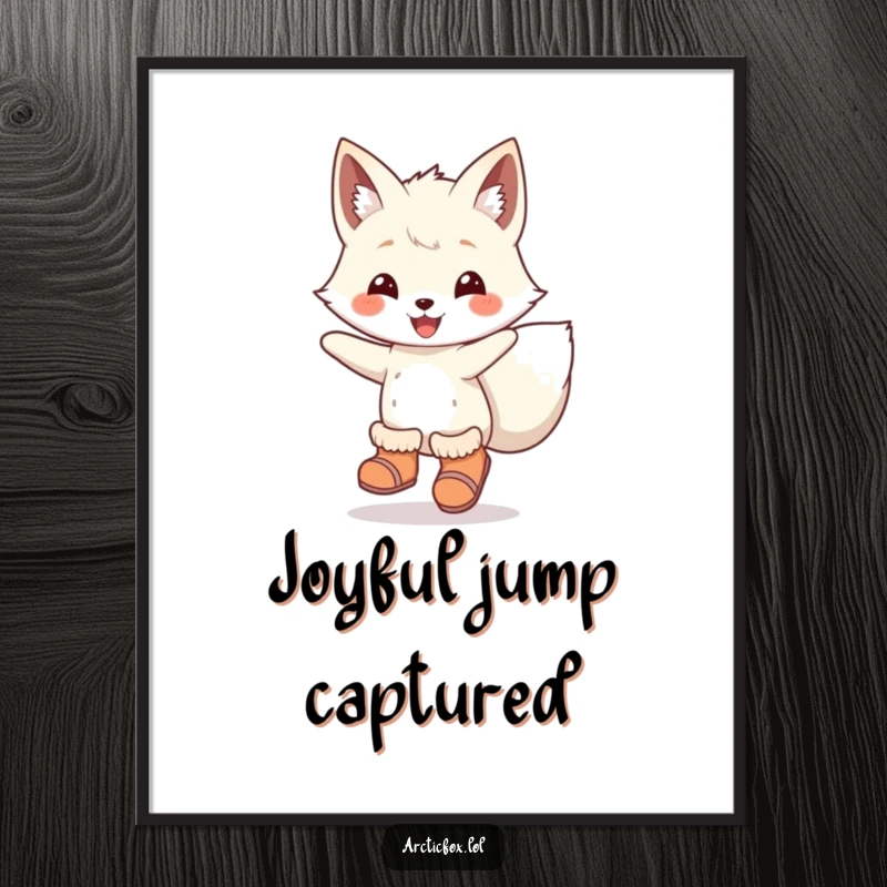 Funny Poster: An arctic fox character wearing boots, joyfully leaping through the air, perfect for adding energetic humor.