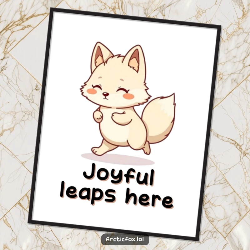 Funny Kawaii Arctic Fox Poster illustrating a joyful, happy little hop, bringing cheer.