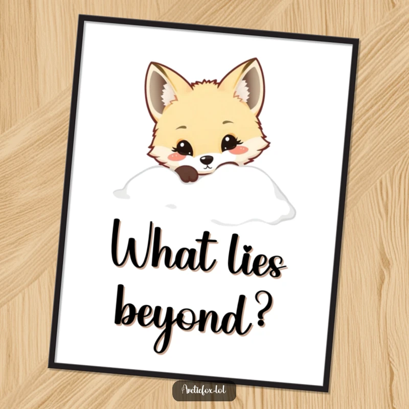 Kawaii Arctic fox curiously peeking from a snowdrift, as a decorative poster, ideal for cute art.