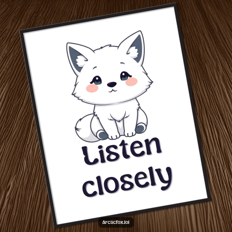 Funny Kawaii Arctic Fox Poster: A cute Arctic fox with ears perked, listening intently, bringing quiet charm and humor to any wall.
