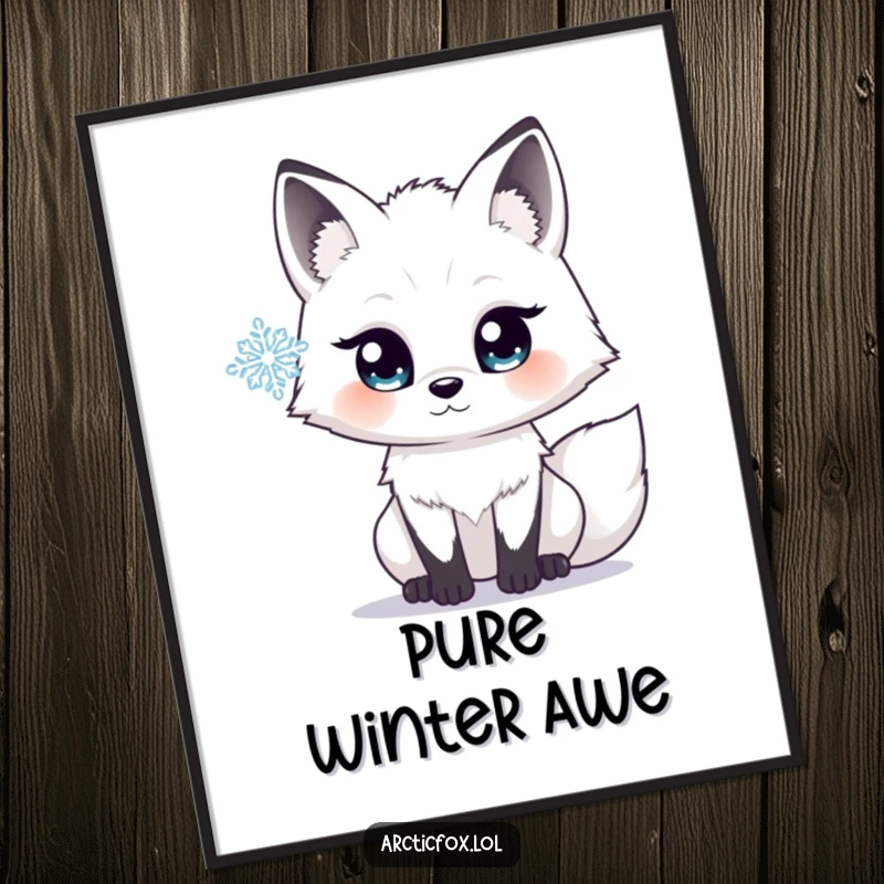 Funny poster of an arctic fox with wide, sparkling eyes, intently observing a single, intricate snowflake in a moment of quiet awe.