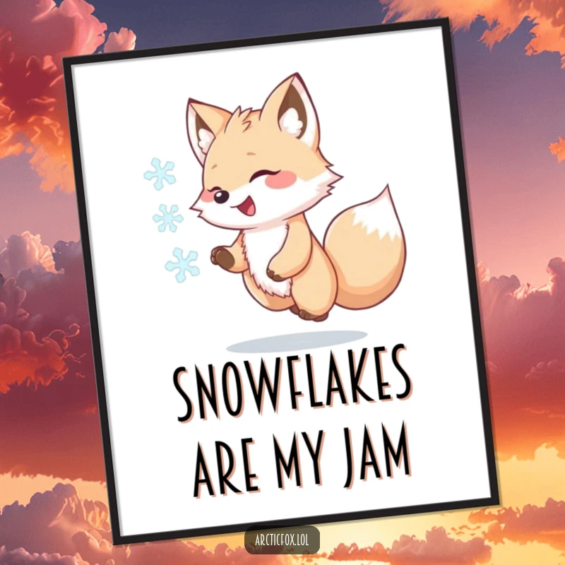 Funny Kawaii Arctic Fox Poster, joyfully chasing a swirling snowflake, adorable wall art, whimsical illustration, perfect funny gift for decor