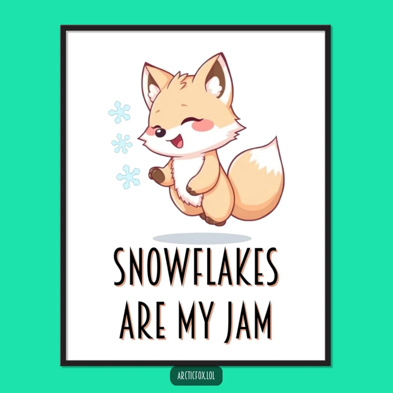 Funny Kawaii Arctic Fox Poster, Joyful Snowflake Chase Art, Whimsical Humorous Wall Decor