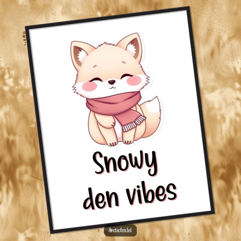 Funny chubby arctic fox wearing a tiny scarf, looking incredibly cozy and heartwarming on a decorative poster.