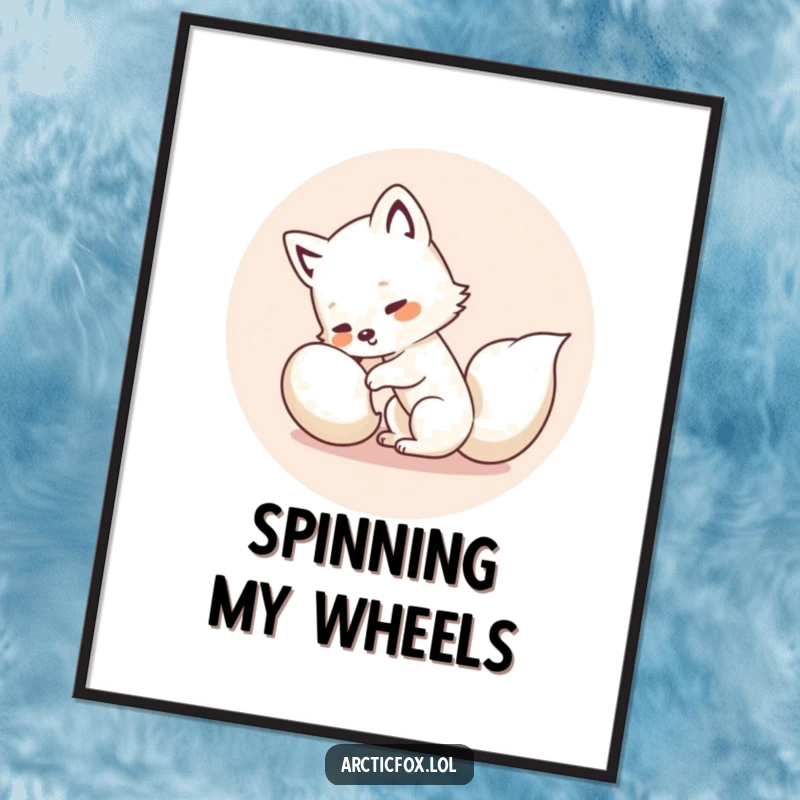 Funny Kawaii Arctic Fox Poster: Vibrant wall art of a cute white fox humorously spinning, chasing its tail in a delightful circus.