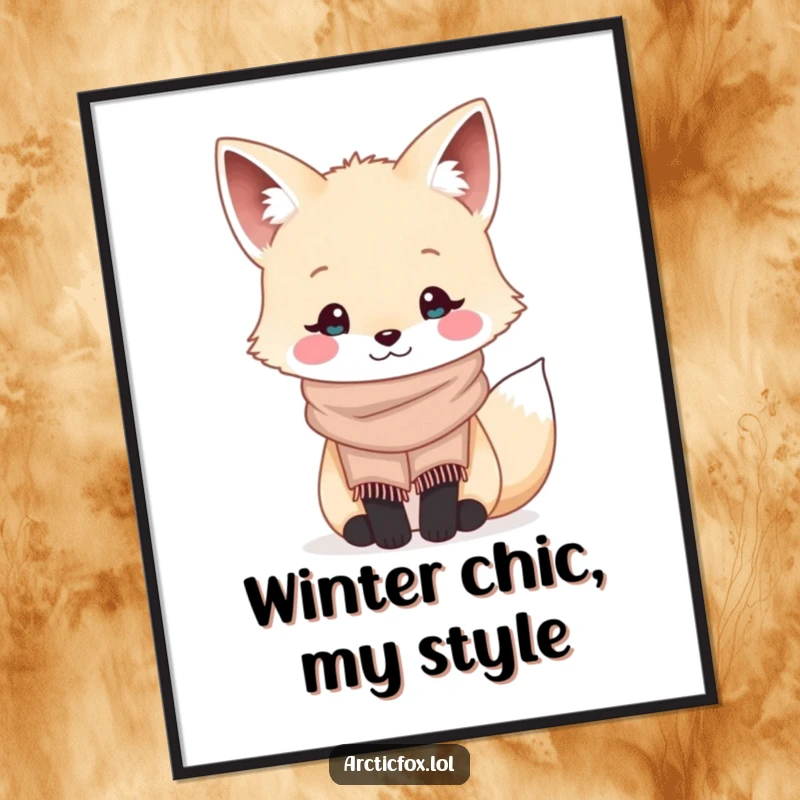 Funny kawaii arctic fox wearing a tiny cozy scarf and smiling, presented as charming wall art on a poster.