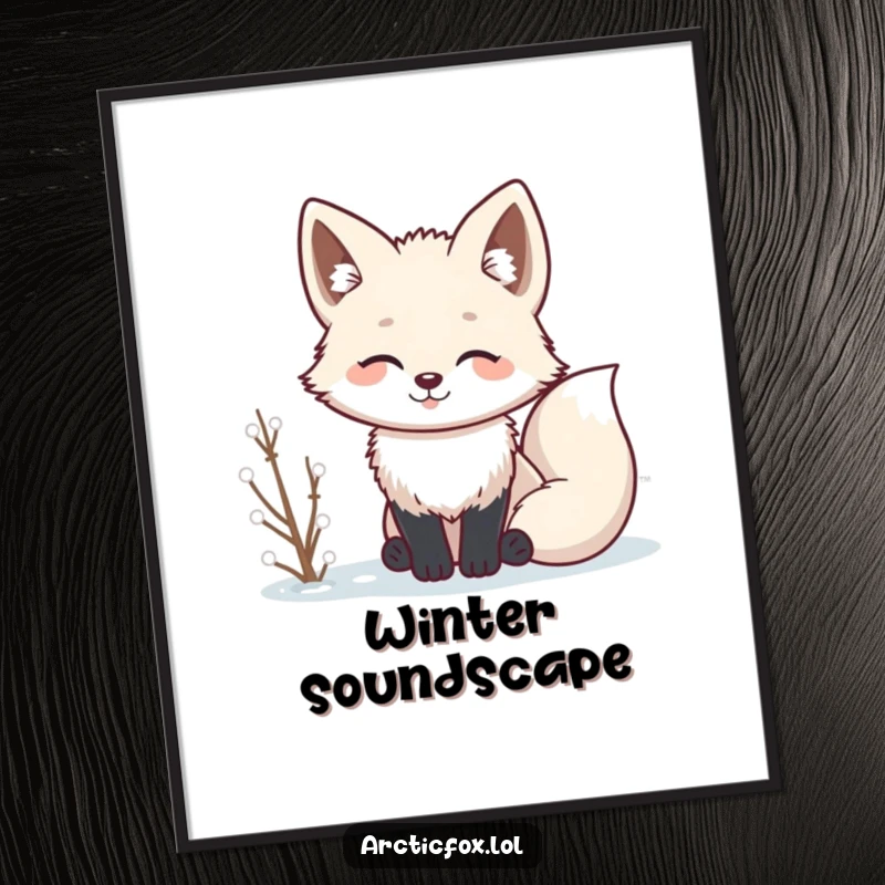 Funny Kawaii arctic fox with ears perked, listening to winter sounds, humorous wall art poster.