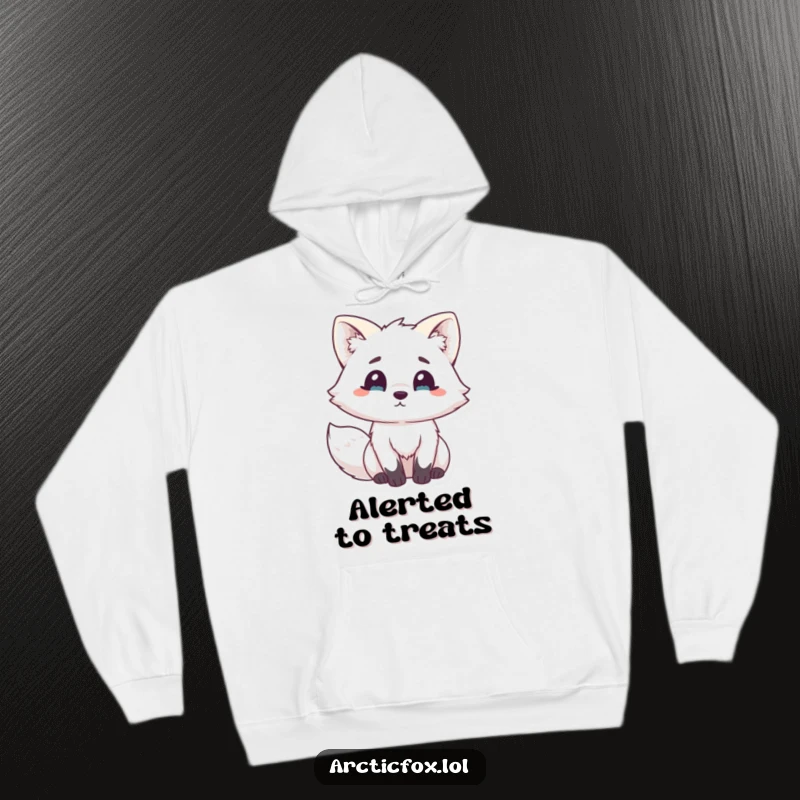 Funny Kawaii Arctic Fox Hoodie: Soft hoodie with a cute white fox adorably surprised, its fluffy ears perked, ready for cozy reactions.