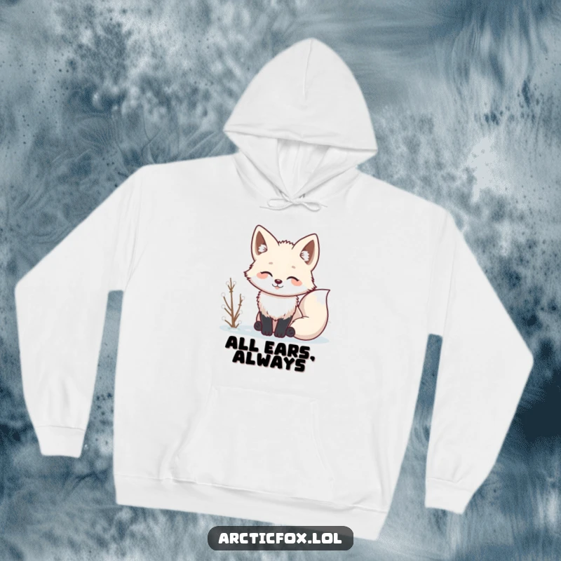 Funny Kawaii arctic fox with ears up, listening to winter sounds, a warm and humorous hoodie.