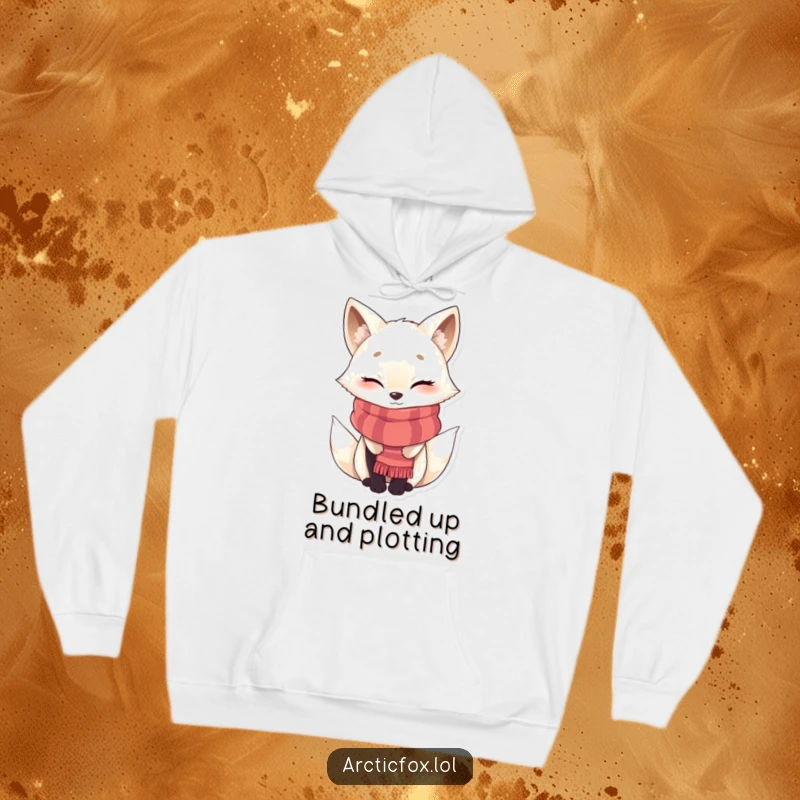 Funny warm Arctic fox hoodie, showing a winking character bundled in a scarf, providing cozy comfort and playful style.