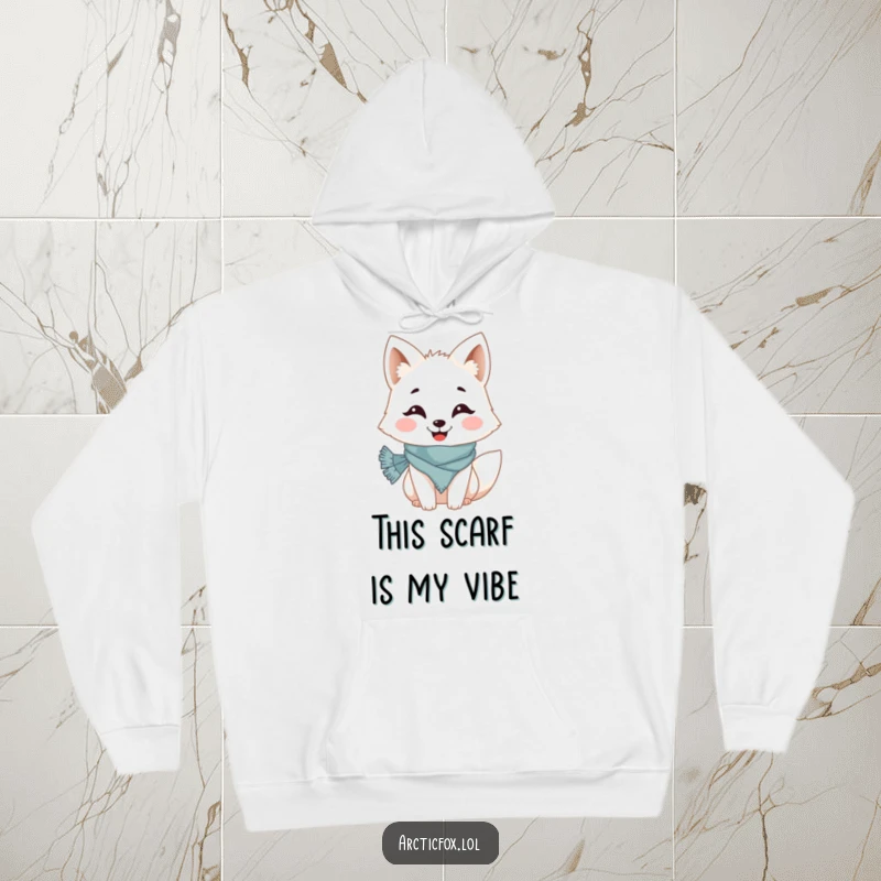 Funny hoodie print of a happy Arctic fox wearing a small, festive scarf and sporting a huge, infectious grin, ready for winter fun.