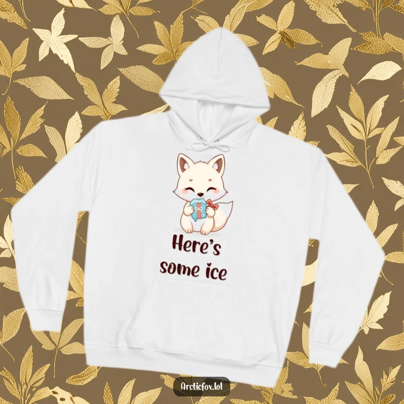 Funny Kawaii Arctic Fox Hoodie: Soft hoodie with a cute white fox humorously offering a shiny icicle as a thoughtful, chilly gift.
