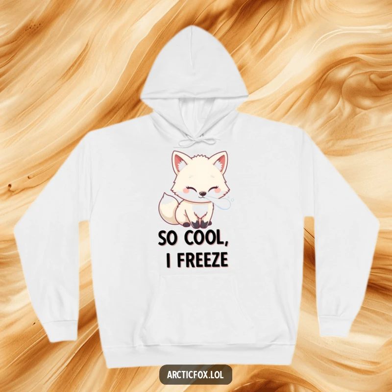 Funny Kawaii Arctic Fox Hoodie featuring a cute character with frosty breath, offering warmth and humor.