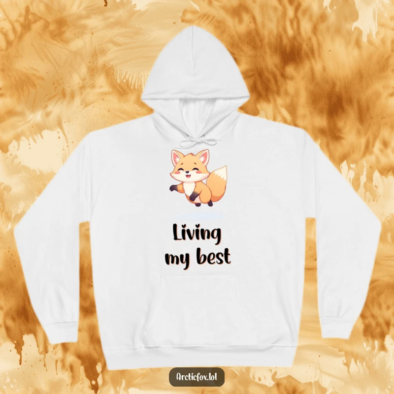 Funny Kawaii Arctic Fox Hoodie: Soft hoodie with a cute white fox joyfully jumping in fresh snow, spreading funny winter vibes.