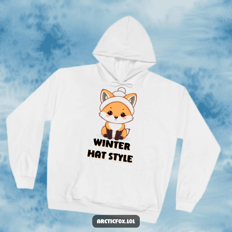 Funny Kawaii Arctic Fox Hoodie with a charming, crooked snowball hat, offering comfort and winter humor.