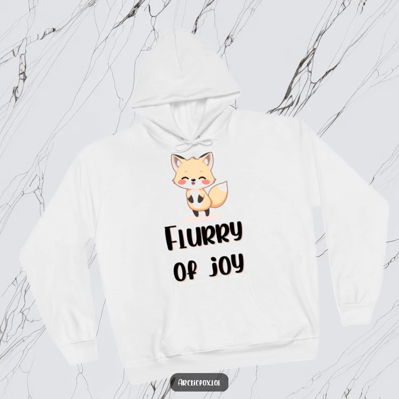 Funny Kawaii arctic fox dancing in snow flurry, a warm and humorous hoodie.