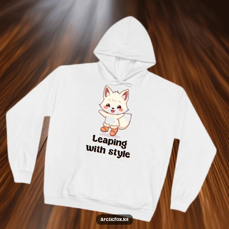 Funny Hoodie: A joyous arctic fox wearing little boots, captured mid-leap, bringing a sense of playful energy.