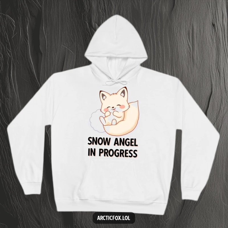 Funny hoodie depicting a happy arctic fox blissfully rolling on its back in a mound of soft, pristine snow.