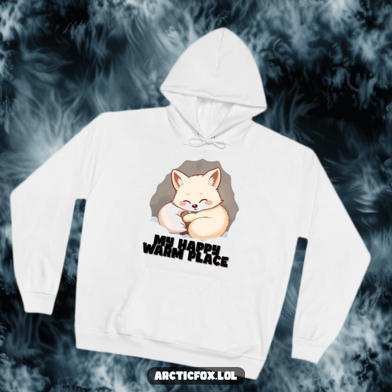 Funny hoodie depicting an arctic fox blissfully curled up inside a warm, snowy den, releasing a happy sigh.