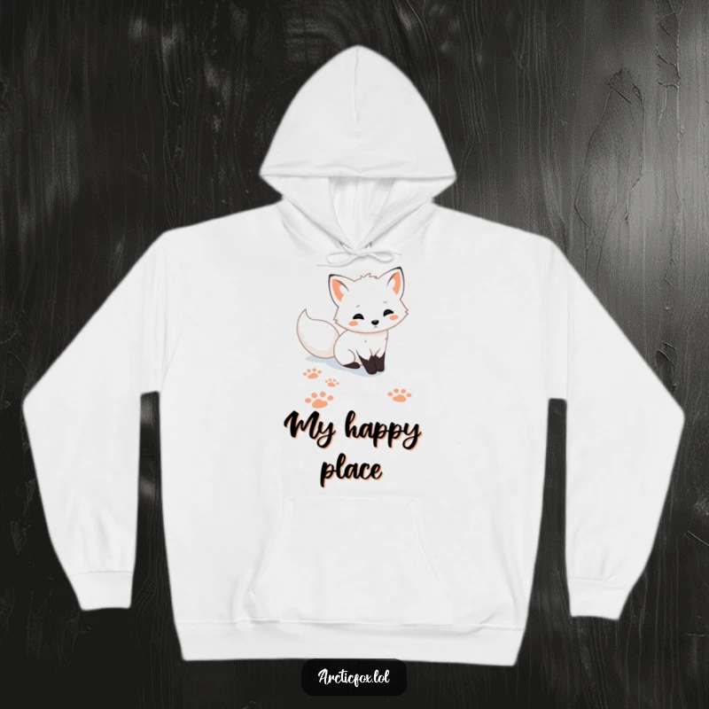 Funny cozy Arctic fox hoodie, showing playful paw prints in the snow, perfect for winter warmth and a touch of arctic charm.