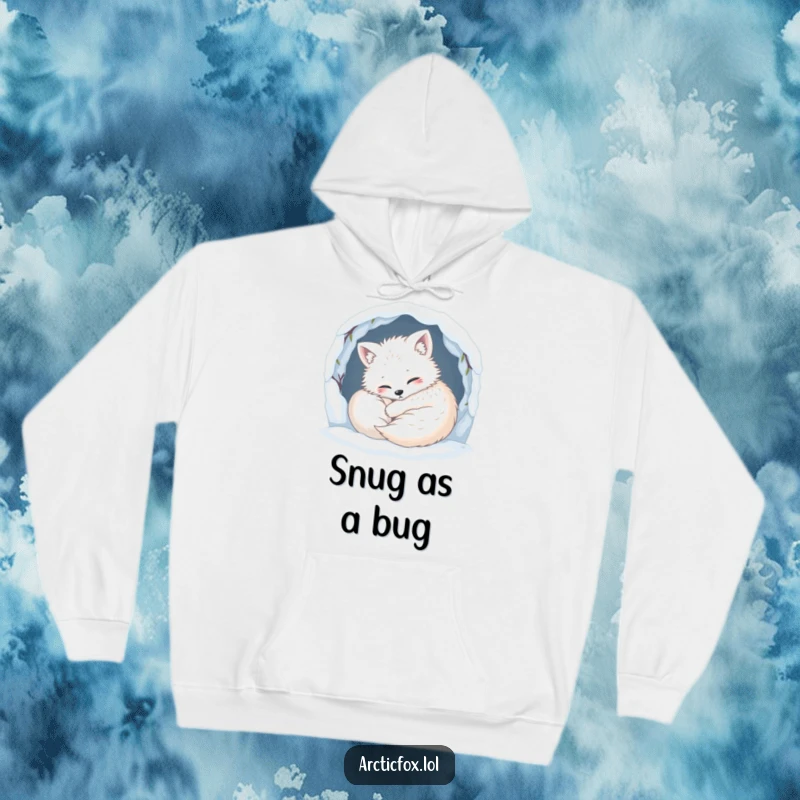 Funny Hoodie: A content arctic fox is humorously curled up snugly in a snowy den, radiating warmth and coziness.